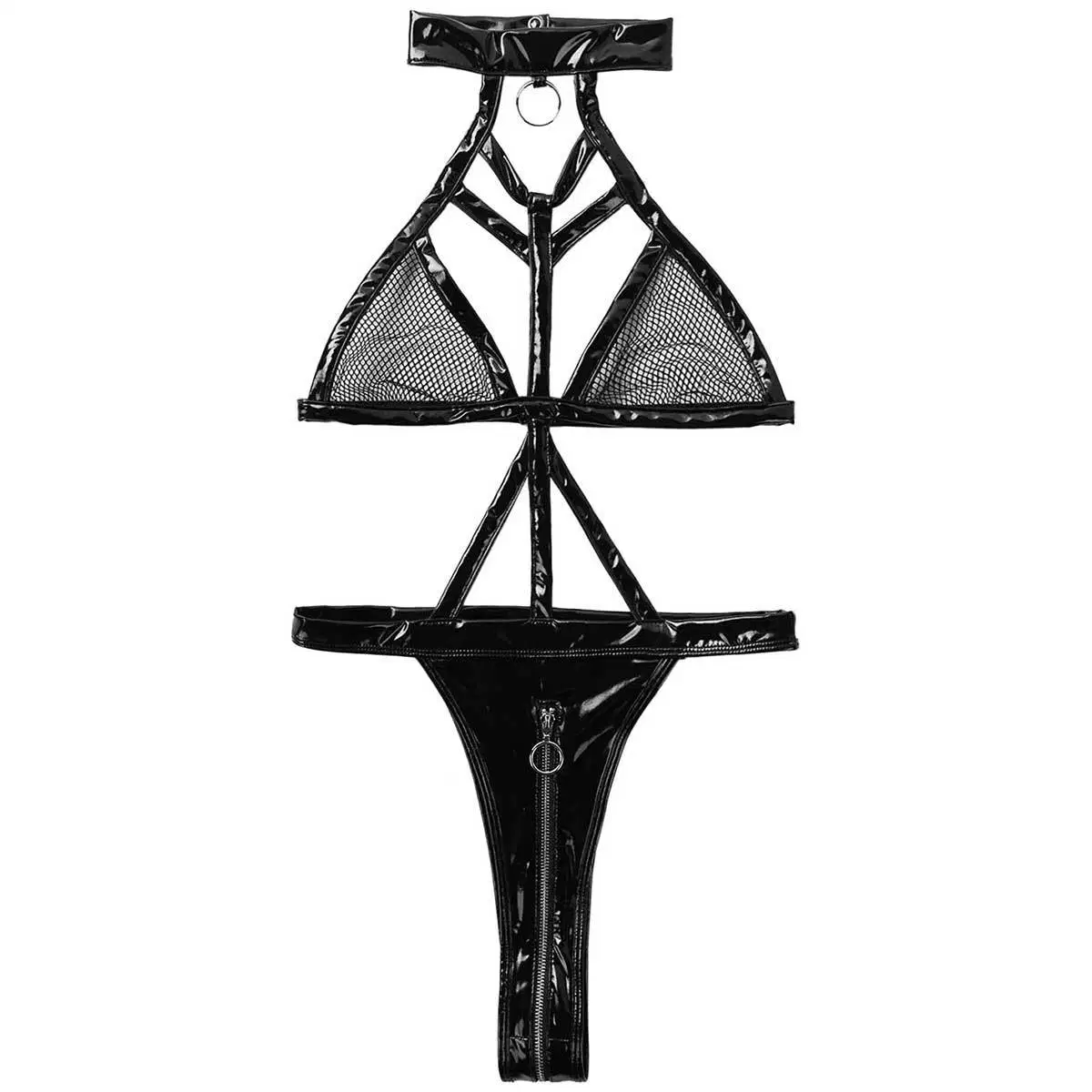 Sexy Underwear Sexy Women's One-Piece Hollowed out Patent Leather Lace-up Underwear