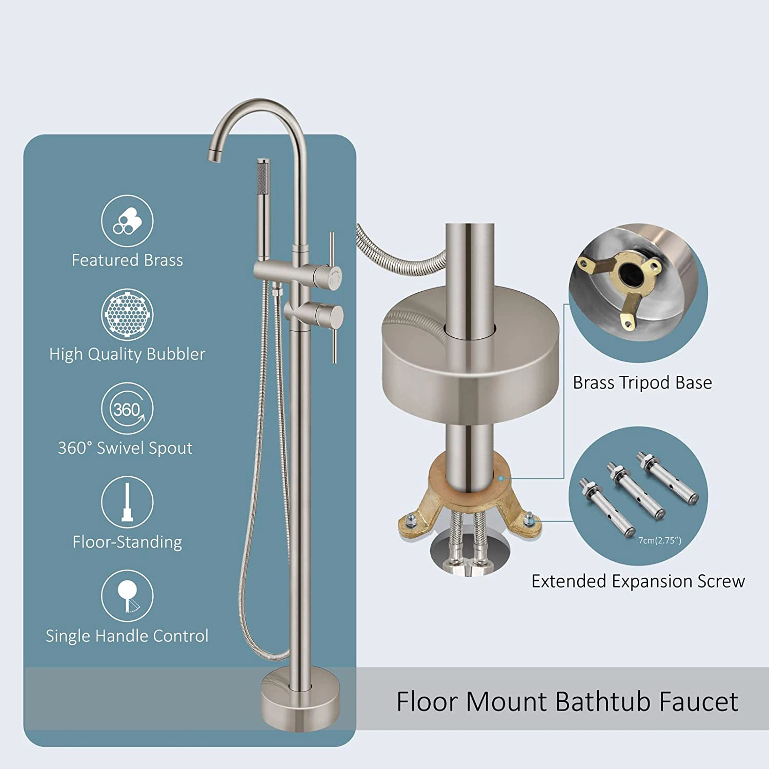 Floor Mount Bathtub Faucet Freestanding Tub Filler Brushed Nickel Standing High Flow Shower Faucets with Handheld Shower Mixer Taps Swivel Spout