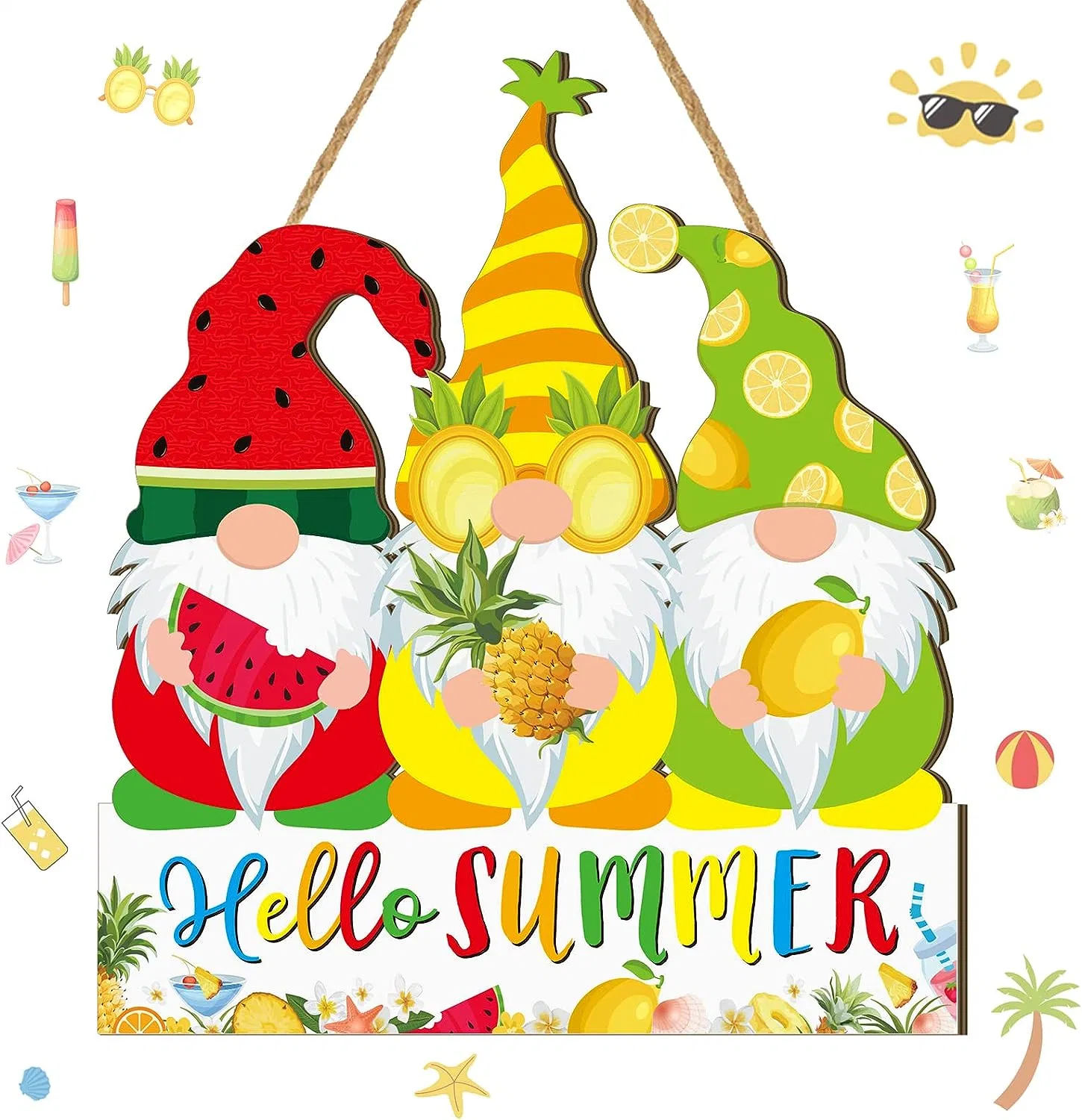 Summer Gnomes Hanging Sign Wooden Hawaii