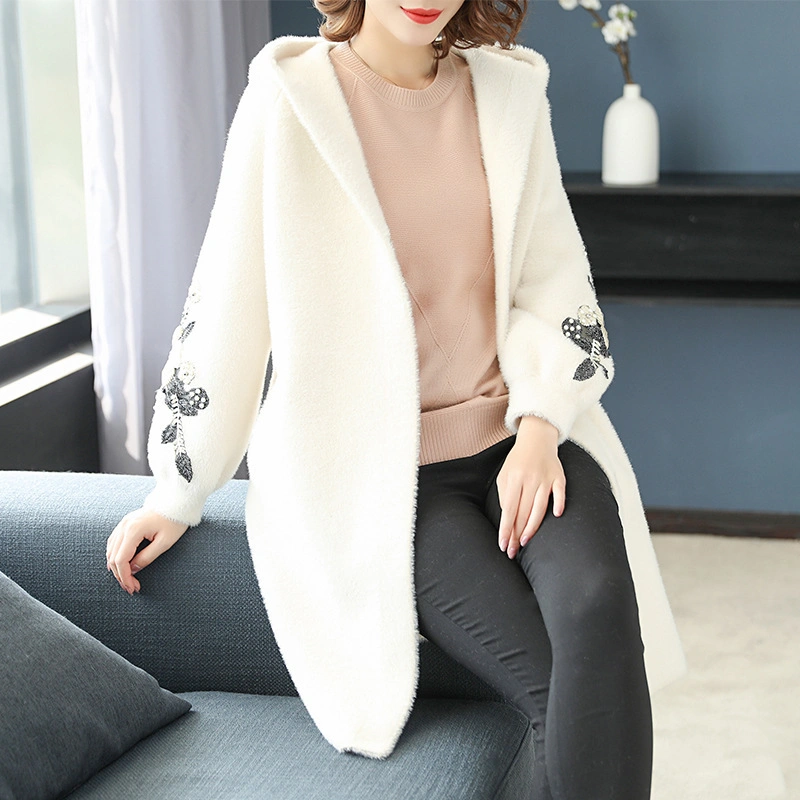 Imitation Sable Velvet Coat Knitted Sweater Cardigan Women's 2023 Spring Medium Length Hooded Loose Thickened Women's Sweater Coat