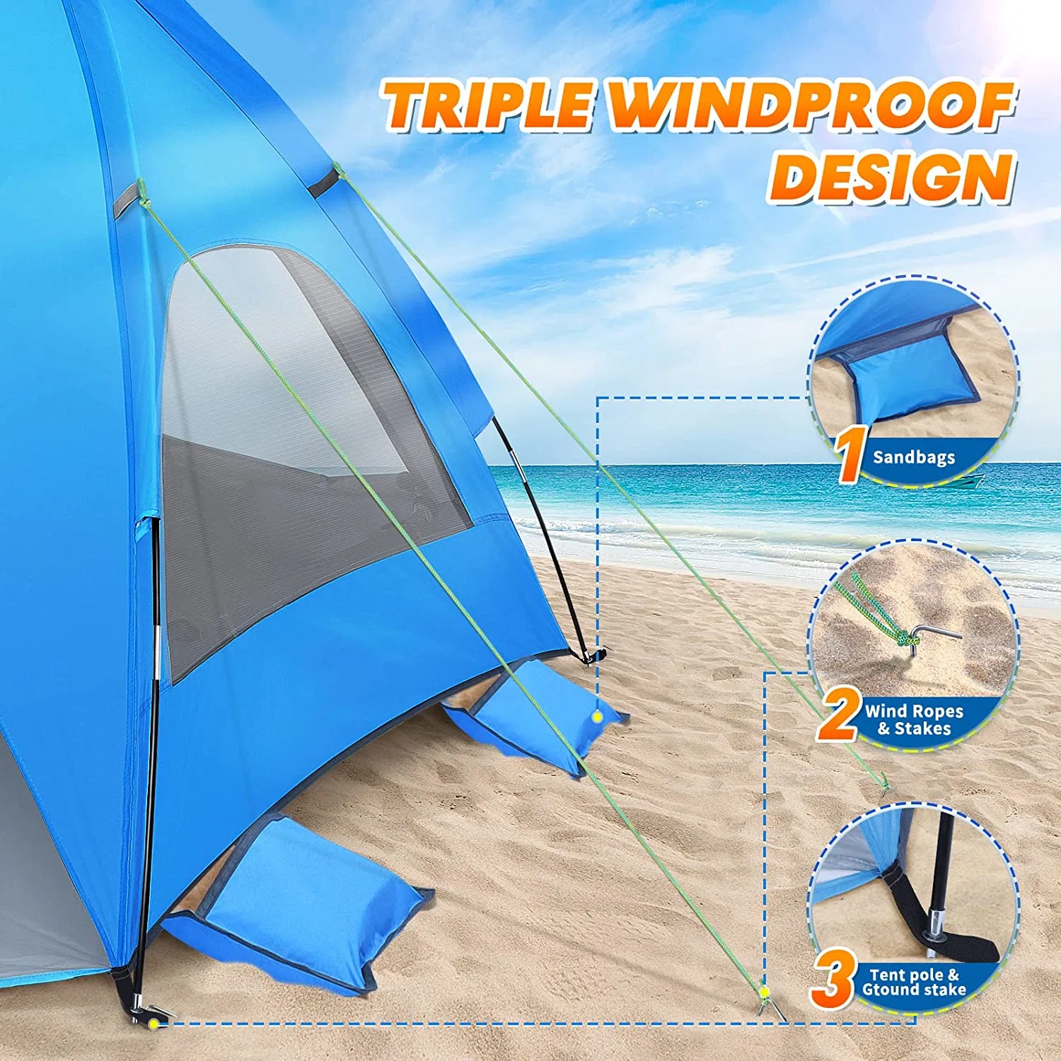 Playa Tent Sun Shade Shelter 3-4 personas Gran Anti-UV a prueba de viento Carpa ligera portátil