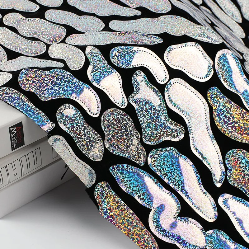 Latest Laser Big Sequin Velvet Lace Patchwork Colorful Reflective Leather Velvet Embroidery Fabric