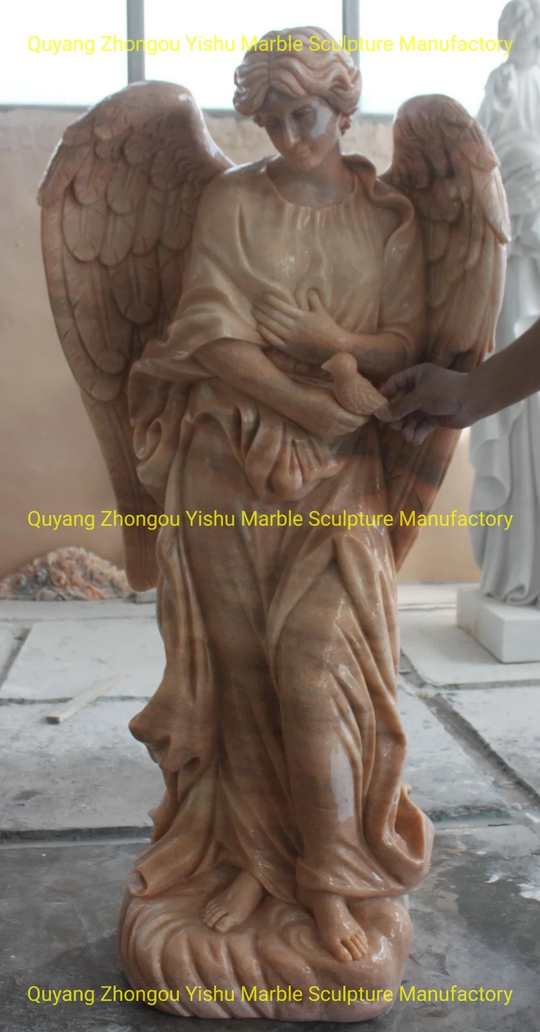 a Pair of Sunglow Marble Angel Sculpture Standing for Memorial