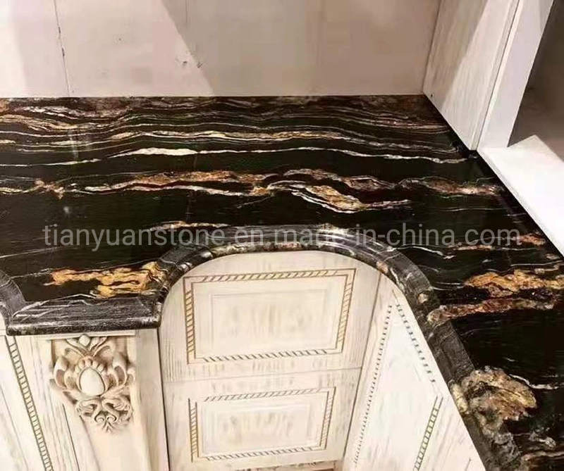 Bancada de cozinha em granito chinês branco, dourado e preto para projeto de construção.