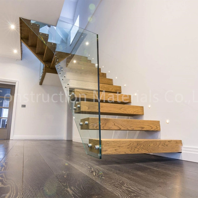 Prima Home Decoration Steel and Wood Straight Staircase with Glass Railing for Villa or Apartment