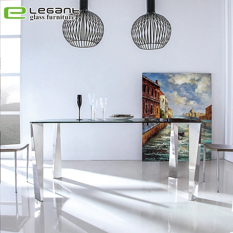 Clear Tempered Glass Dining Table with Stainless Steel Legs