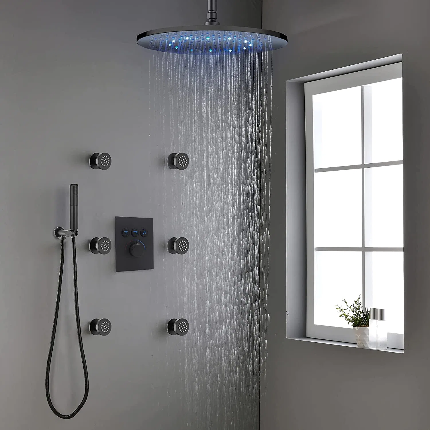 12 Zoll LED rund Duschsystem, Decke Regen Dusche Wasserhahn Fixture Set, Duschkopf und Handheld mit 6 Ganzkörper-Spray Jets (Mattschwarz)