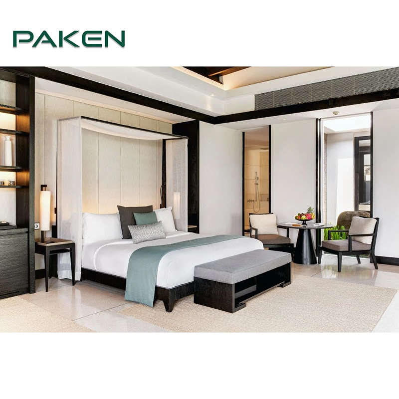 Conjunto de móveis de quarto de hotel de luxo cinco estrelas do Four Seasons, com cama queen de madeira, hospitalidade de villa de praia de resort moderno.
