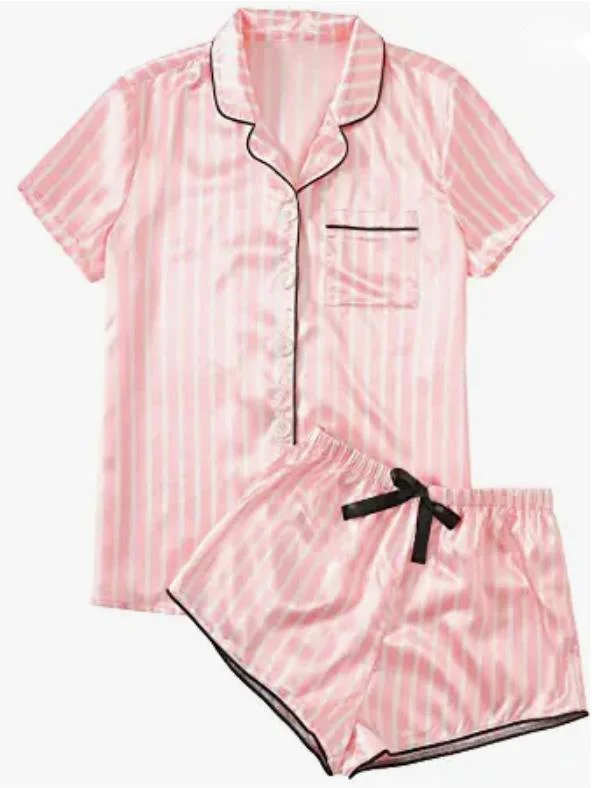 Camisola e calções de manga curta de manga curta com nightwear acetinada para mulher ′ S. Pajama conjunto com sensação suave e confortável