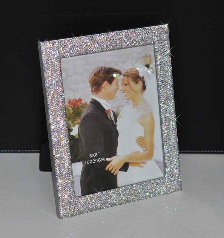 Ea007 Photos Holder Glass Mirror with Sparkling Crystal Border Use Standing with Included Easel or Ready to Hang Silver Bling Diamond Photo Frame