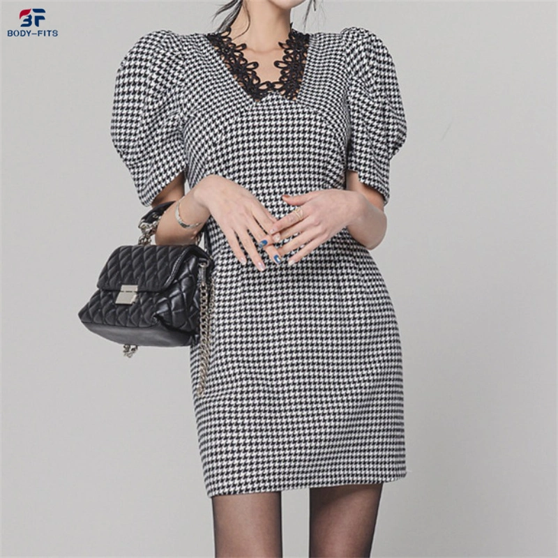 Ropa de mujeres de la primavera de Corea Slim con cuello en V de encaje cosido de moda vestidos de cintura Houndstooth