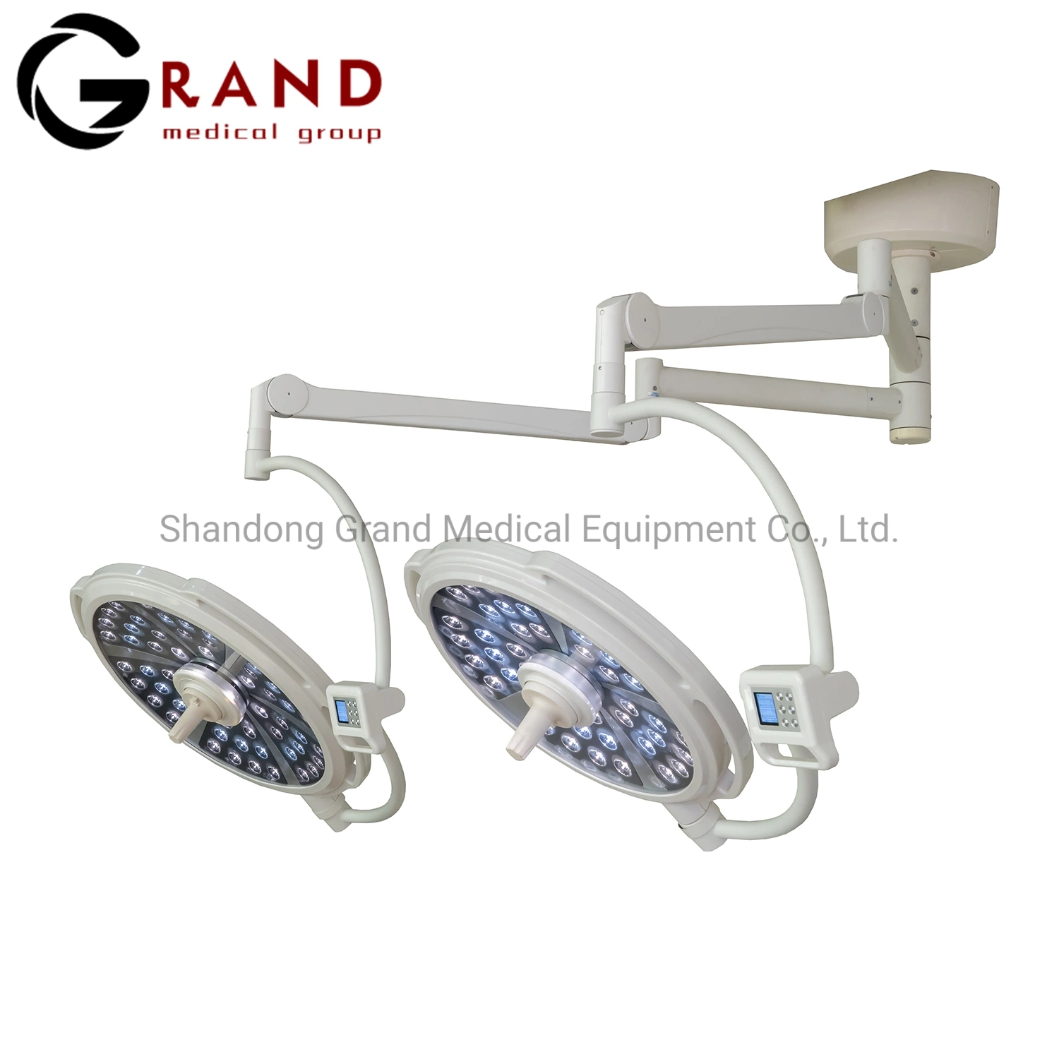 Two Heads Two Arm Ceiling Mounted High 97 CIR Surgical Lamp in Stock Large Illumination China Operating Room LED Light Shadowless Operation Theatre Lamp