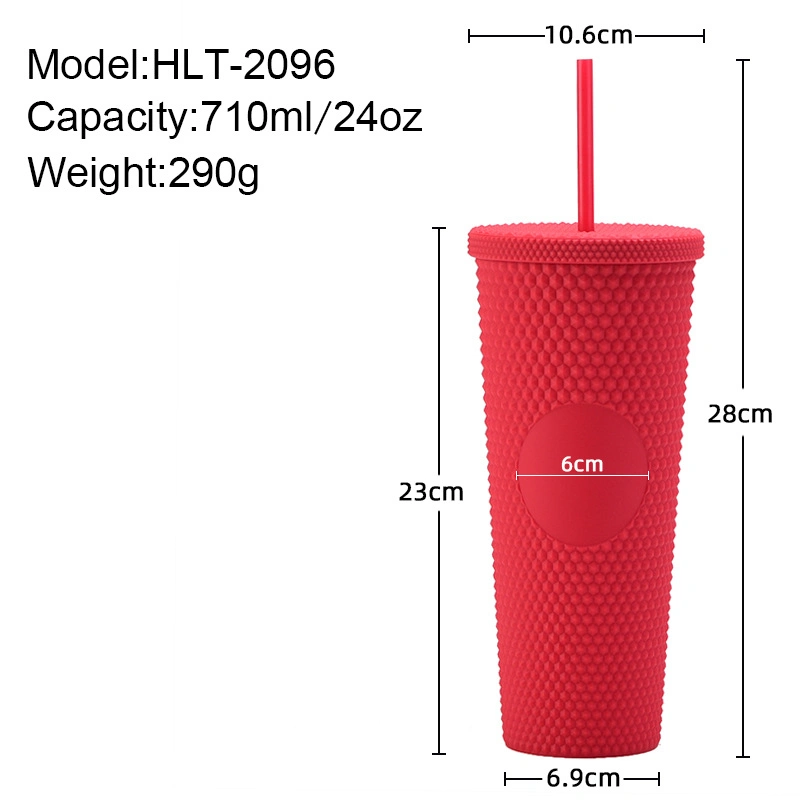 Coffee Mug Plastic Cup 710ml UV Colors Double Wall 24oz Studded Tumbler with Straw