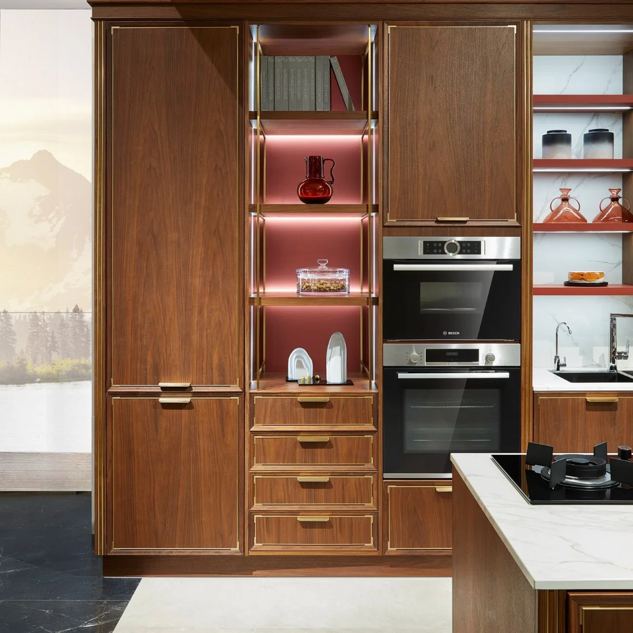 Pastoral Style Rosewood Solidwood White Rock Board U-Shaped High-End Home Furniture Wooden Storage Modern American Flat Pack Hutch Kitchen Cabinets