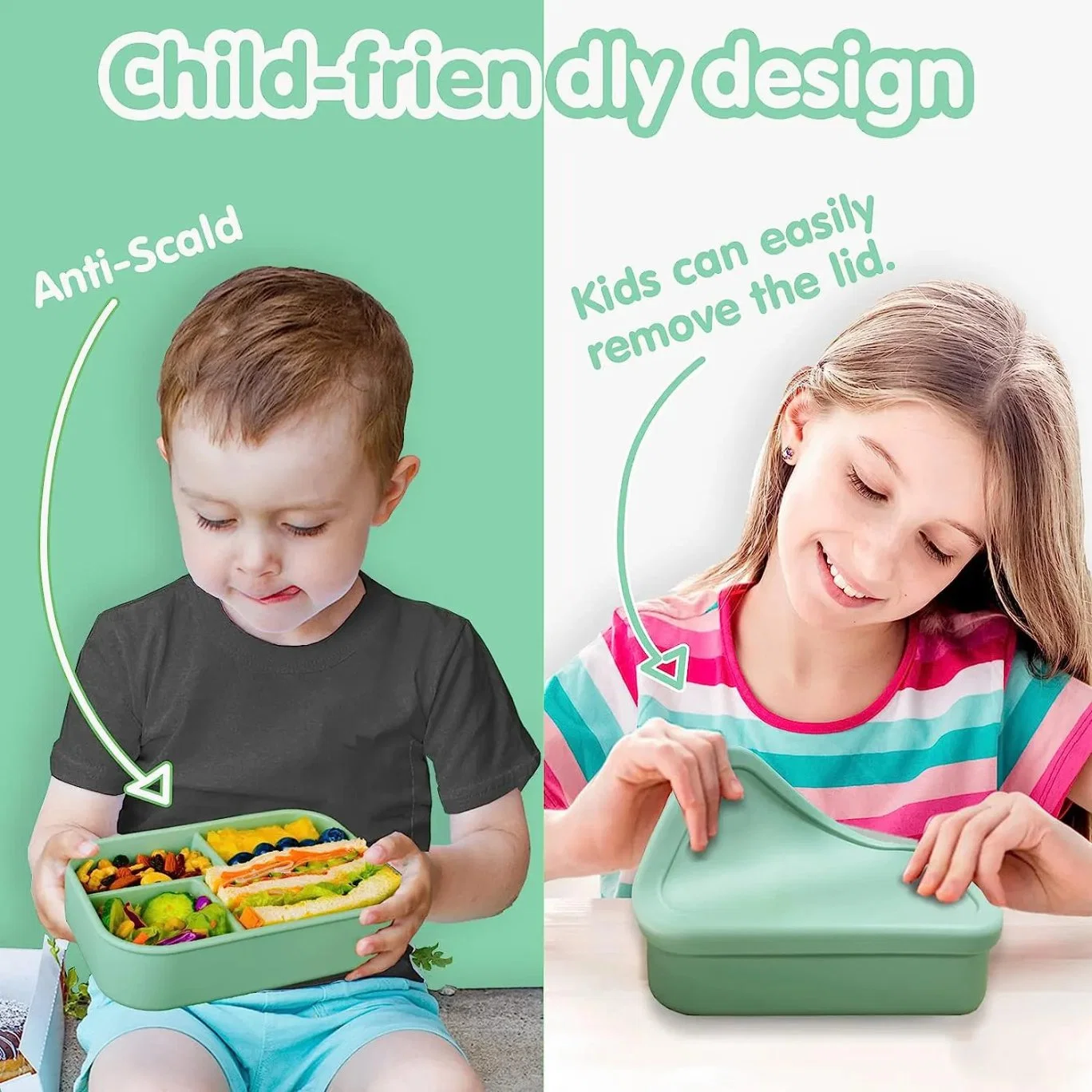 BPA Free Collapsible Silicone Food Containers Silicone Kids Bento Lunch Box with Compartments