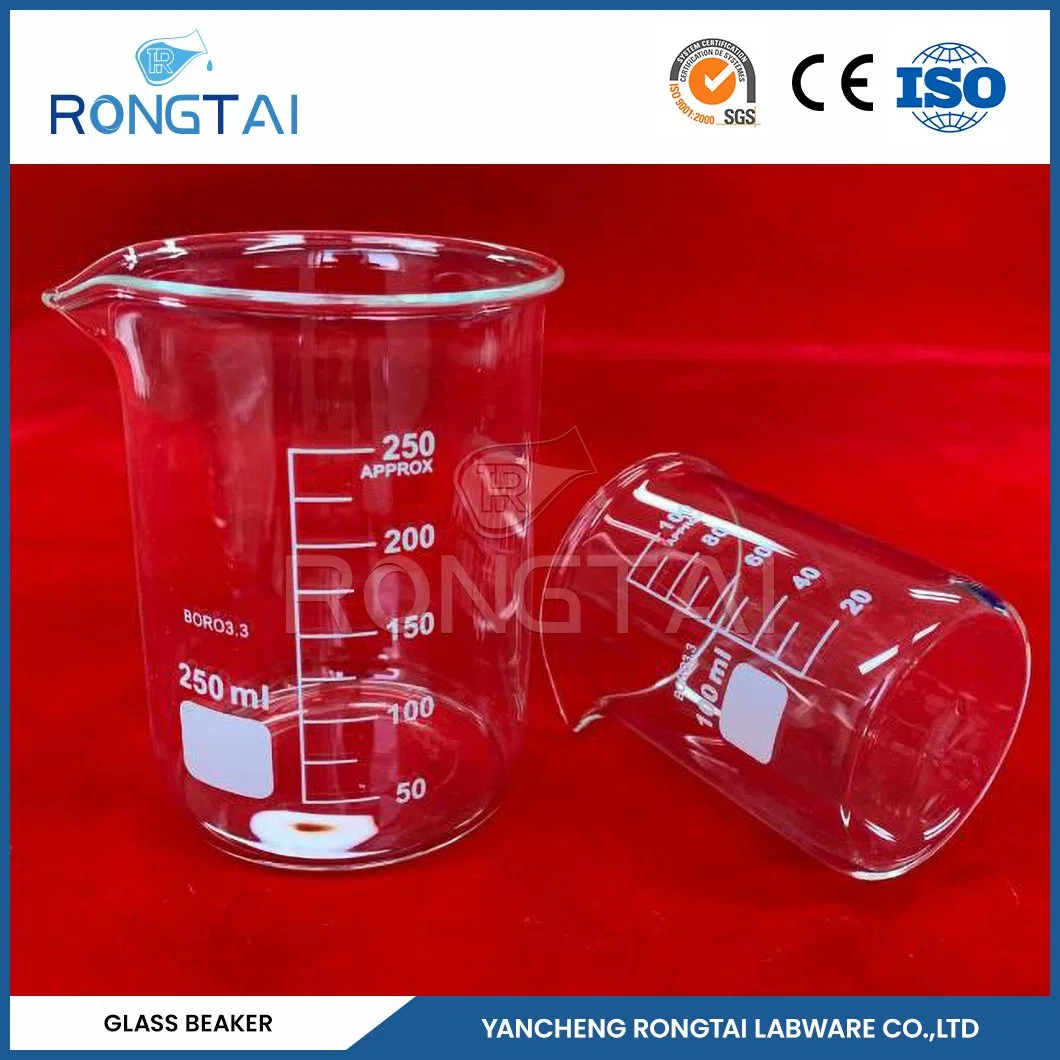 Rongtai Laboratorio de vidrio 5ml Fabricantes Ciencia de la Cura China 800ml 1000ml Vaso de vidrio resistente al calor