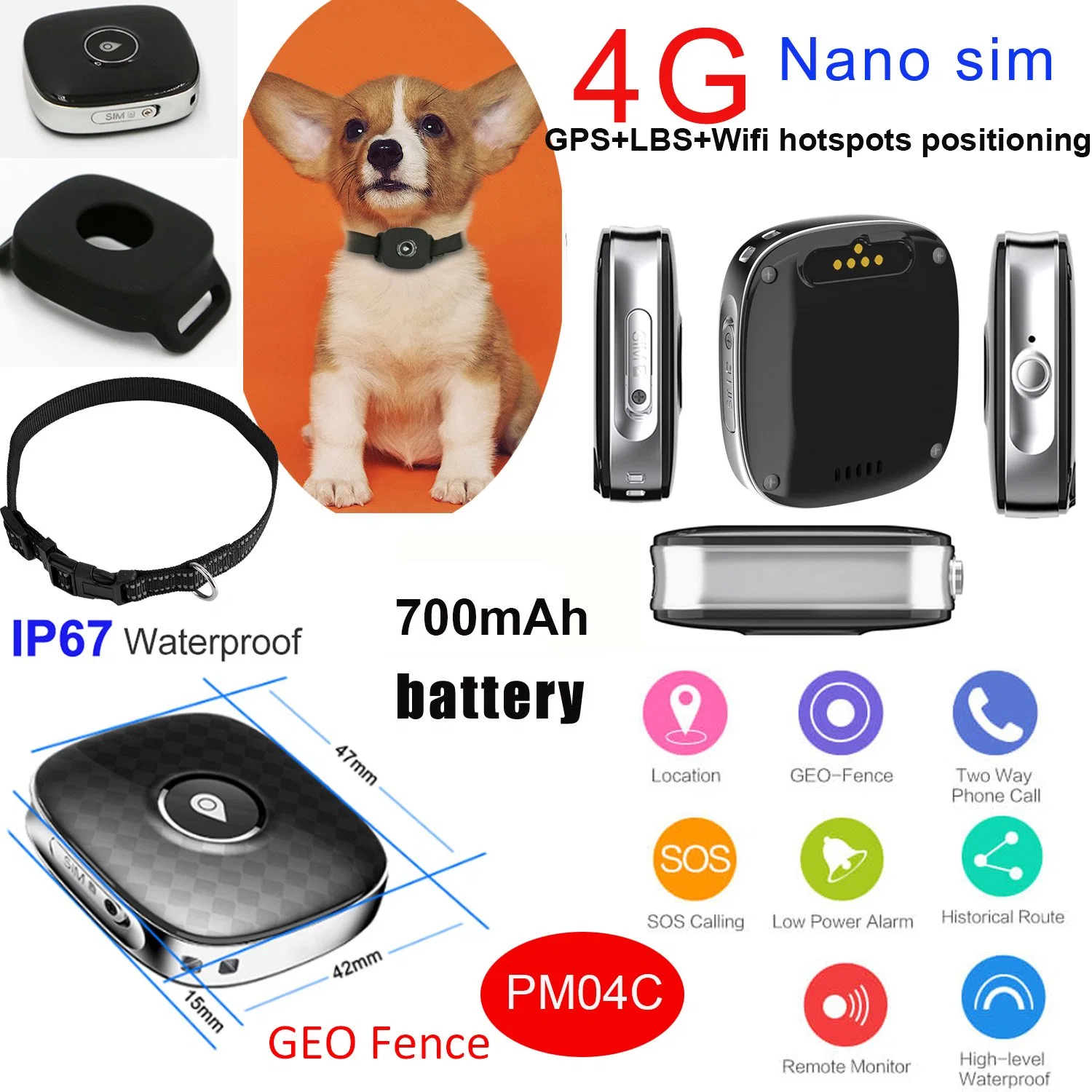 Nouveau arrivée 4G IP67 étanche PET anti Lost Mini chasse Appareil de suivi en temps réel pour chien de chat GPS Tracker PM04C