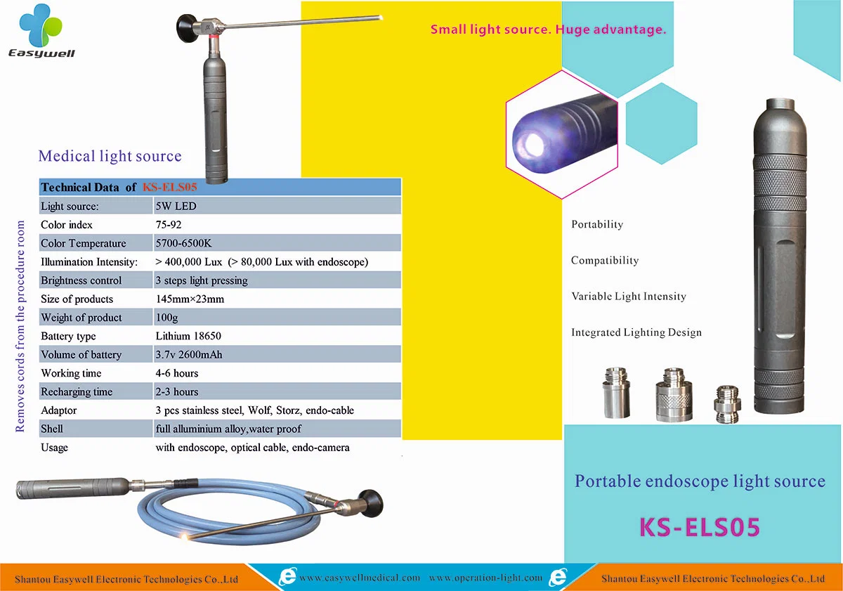 5W Source de lumière d'endoscopie LED portable Lumière d'examen avec batterie interne au lithium 18650 Utilisation en ORL, Chirurgie gynécologique De Easywell.