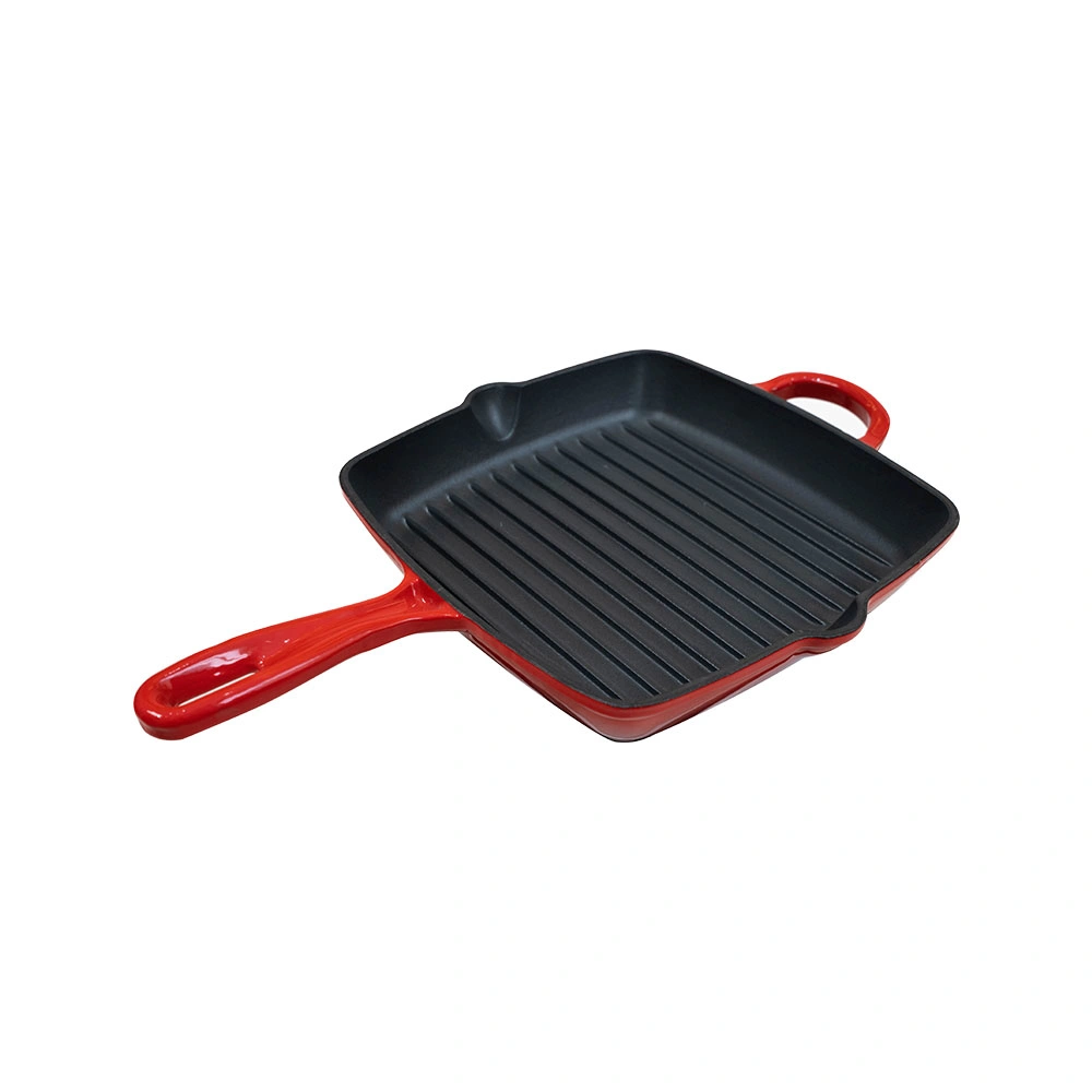 Enameled Cast Iron Cookware Square Frying Pan with Red Enamel Handles