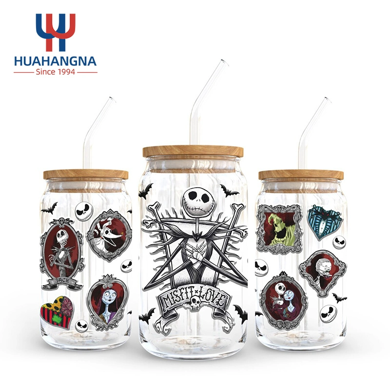 16 Oz Halloween fantasma escalofriante puede formar vasos de vidrio con Tapas de bambú y pajitas o cóctel Whiskey cerveza decoración de soda Regalos