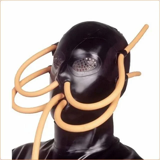 Cosplay Erotic Bondag Bdsm Mask Natual Latex Headgear Sex Toy with Multiple Pipeline