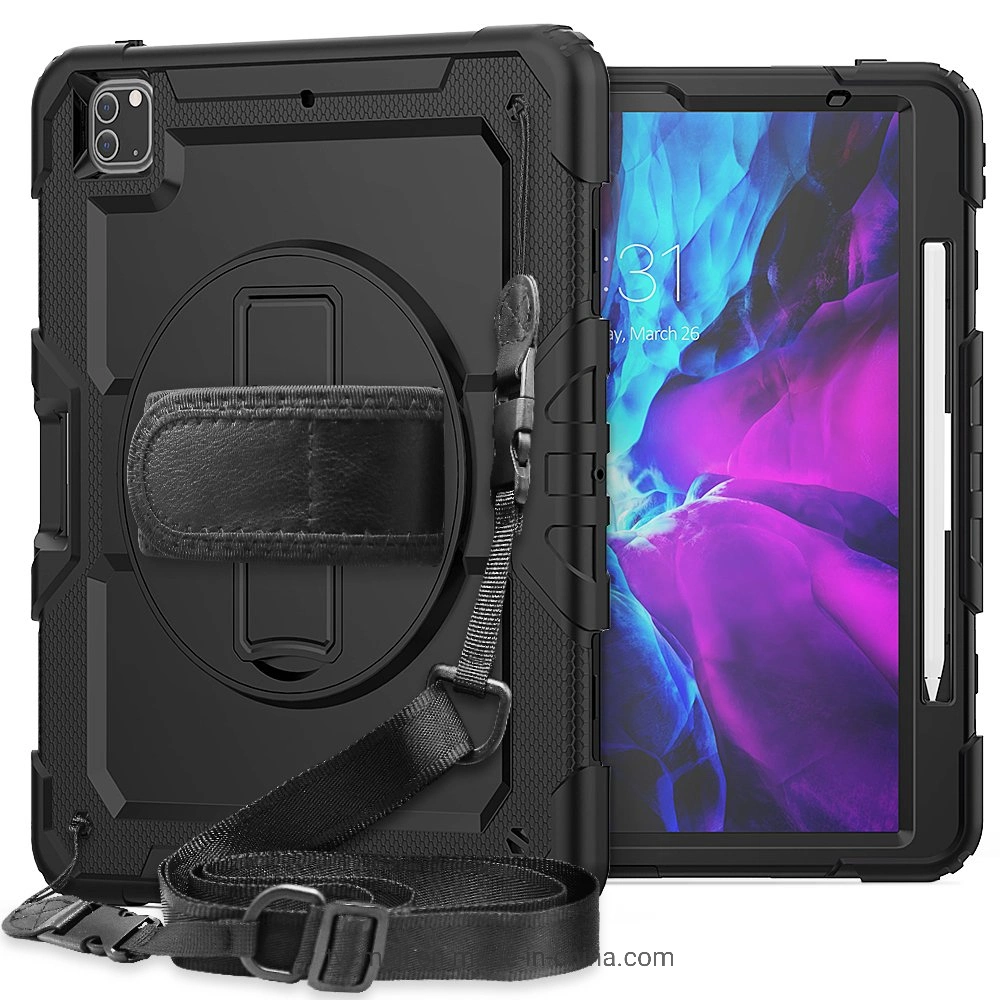 Für iPad pro 12,9 Zoll (2021) / (2020) / (2018) 360 Grad Drehbarer Kickstand PC + Silikon Tablet-Hülle Handschlaufe Schutz Cover mit Schultergurt - Schwarz