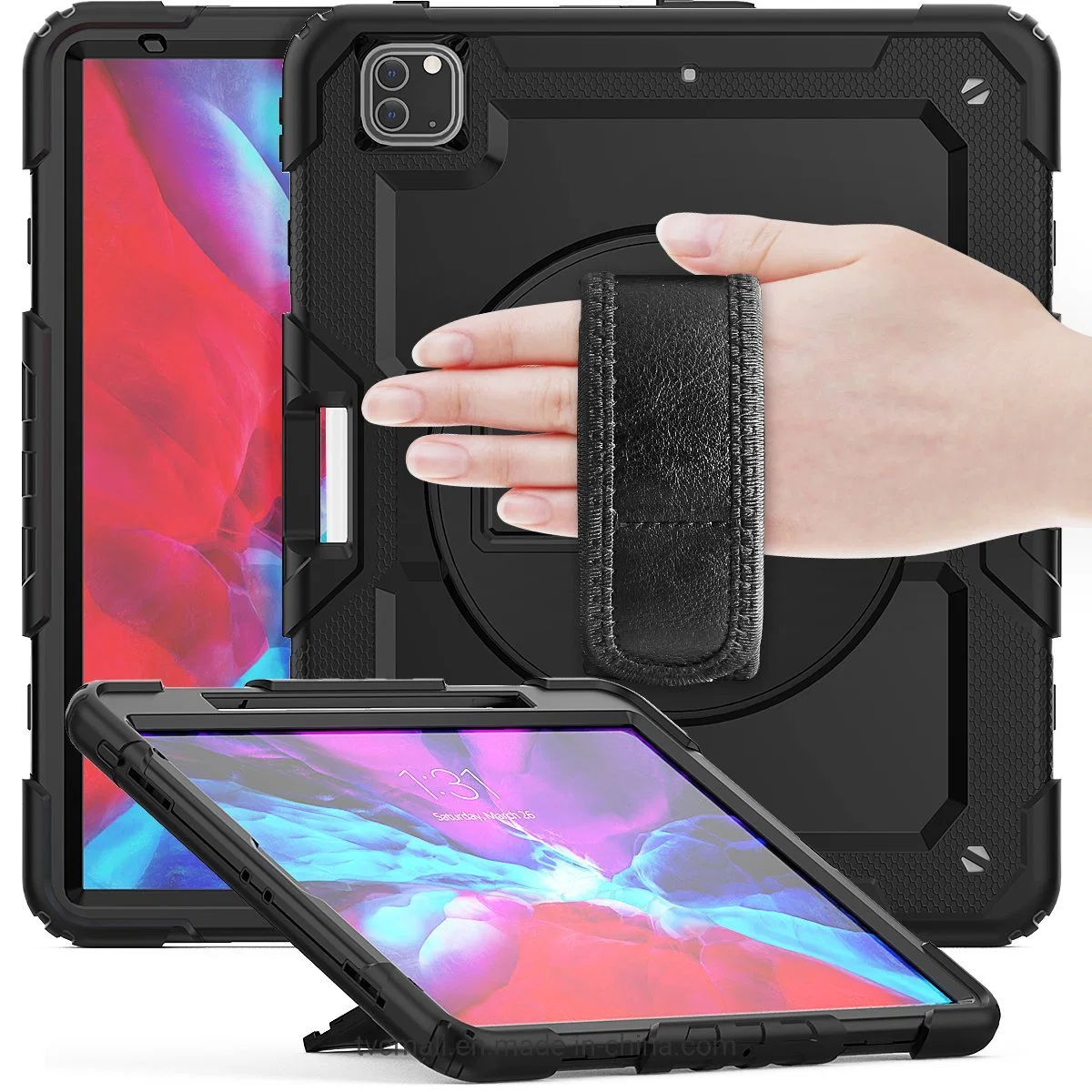 Para el iPad PRO 12.9 pulgadas (2021) / (2020) / (2018) Giro de 360° Kickstand + PC Tablet de silicona caso Correa de mano cubierta protectora con bandolera - Negro