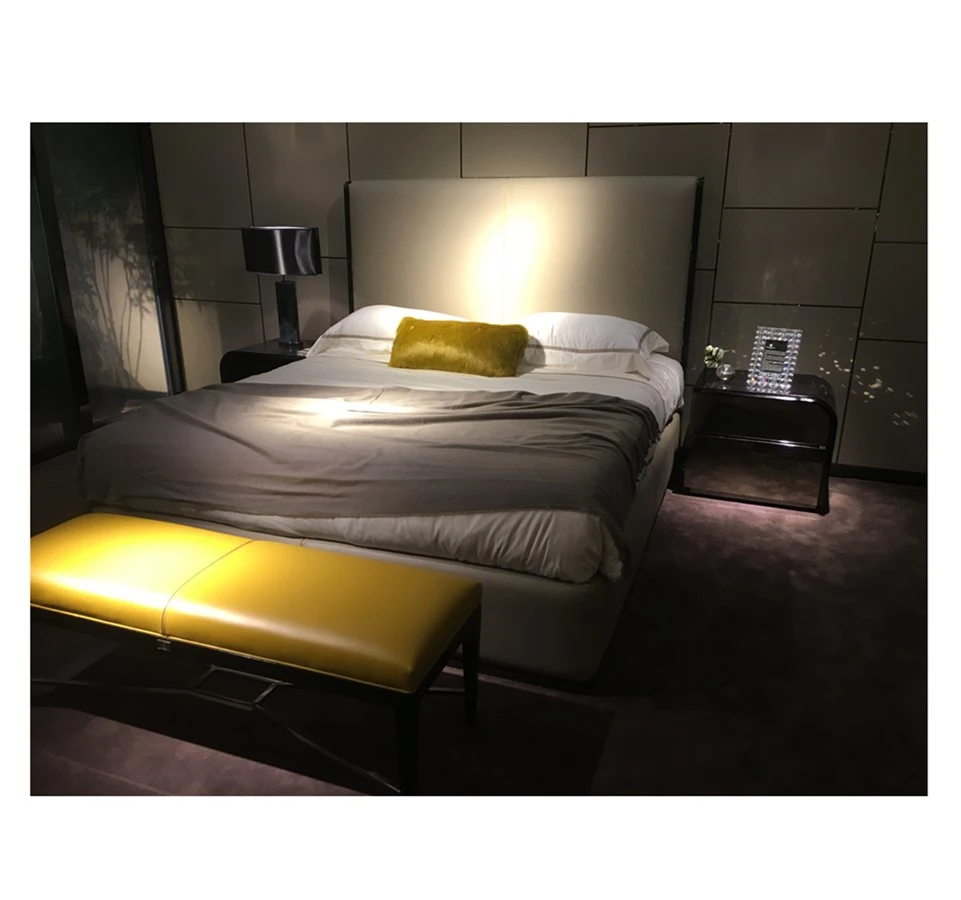 High quality/High cost performance  Inlaid Golden Stripes Postmodern Light Luxury Simple Bedroom Furniture Leather Bed Bedding