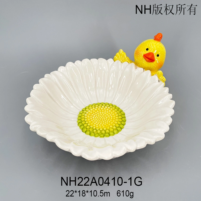 Ceramic Lovely Two Chickens Lie on Daisy Flower Pearl Color Plate Interesting Funny Dinner Plate for Children Home Hotel