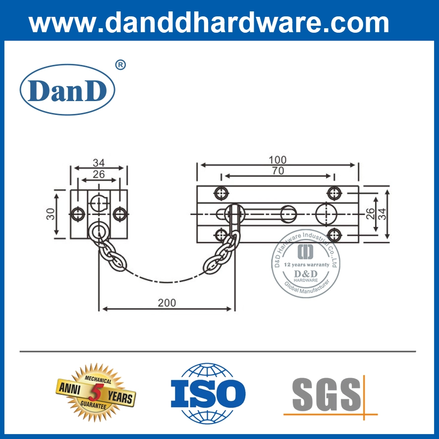 SS304 Silver Furniture Bolt Security Safety Window Door Chain Hardware