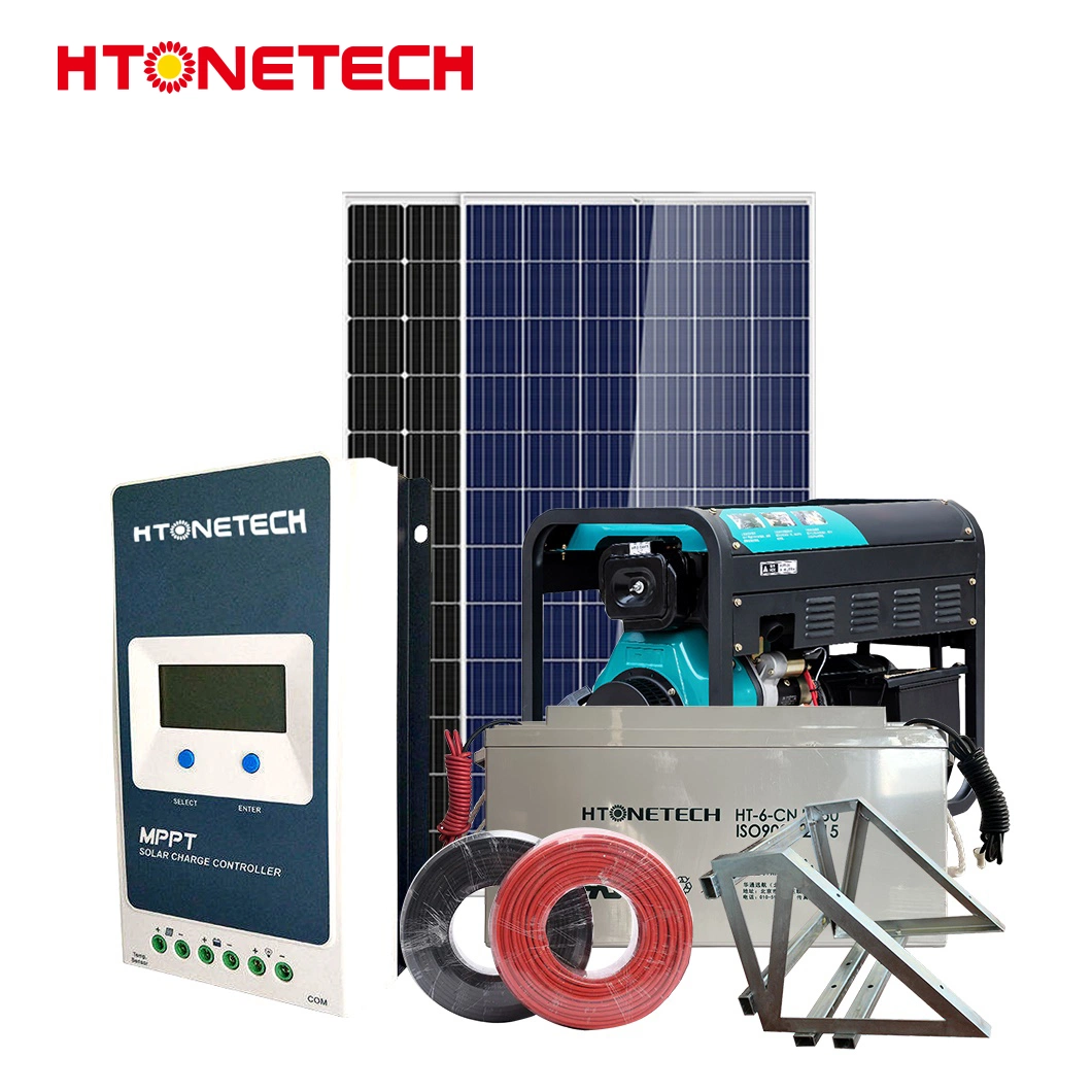 Htonetech Fournisseurs de systèmes solaires hybrides hors réseau en Chine 5 kW 43 kW Panneau solaire mono PERC bifacial 24 kW Générateur diesel Système hybride Kit solaire 5 kW 10 kW.