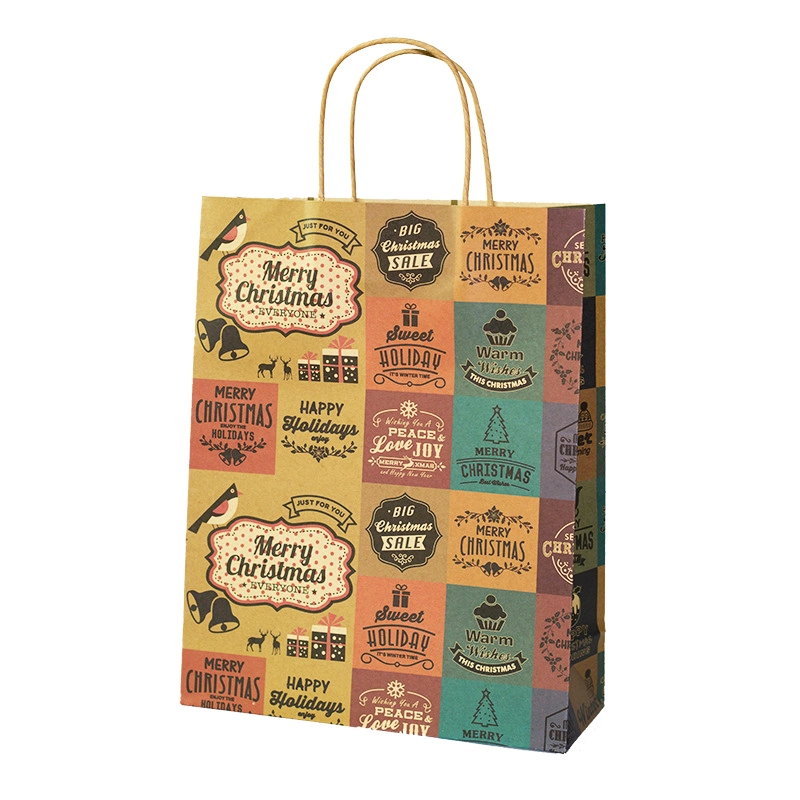 Custom Printed Christmas Style Brown Kraft Paper Bag Grocery Store Promotional Shopping Packaging Bag