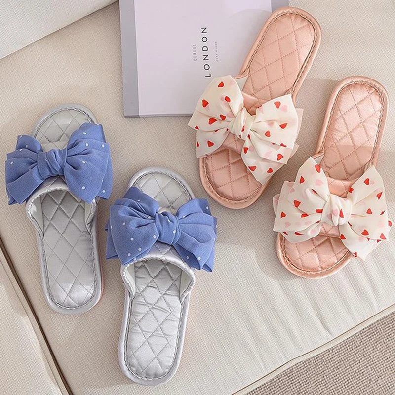 Spring Summer Home Satin Flat Slippers Open Toe Bow Tie Linen Sandals