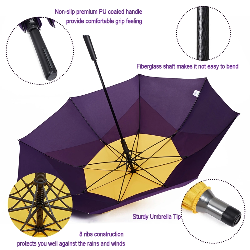 Sunfoo aérateur surdimensionné coupe-vent Double Canopy automatique droit de golf Parapluie de pluie pour hommes et femmes