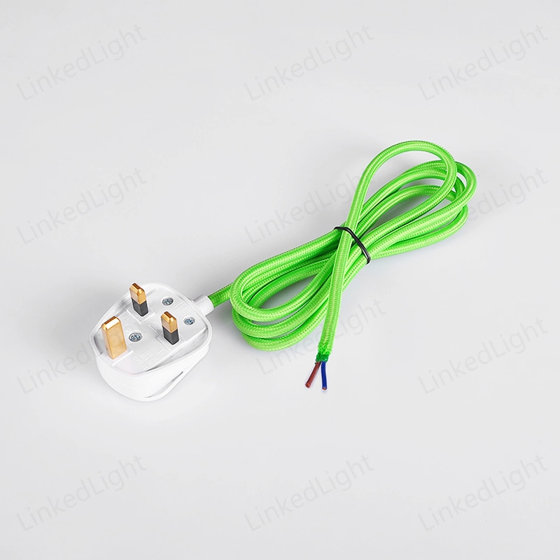 UK BS Rewirable Power Plug with Apple Green Woven Fabric Braided Wire