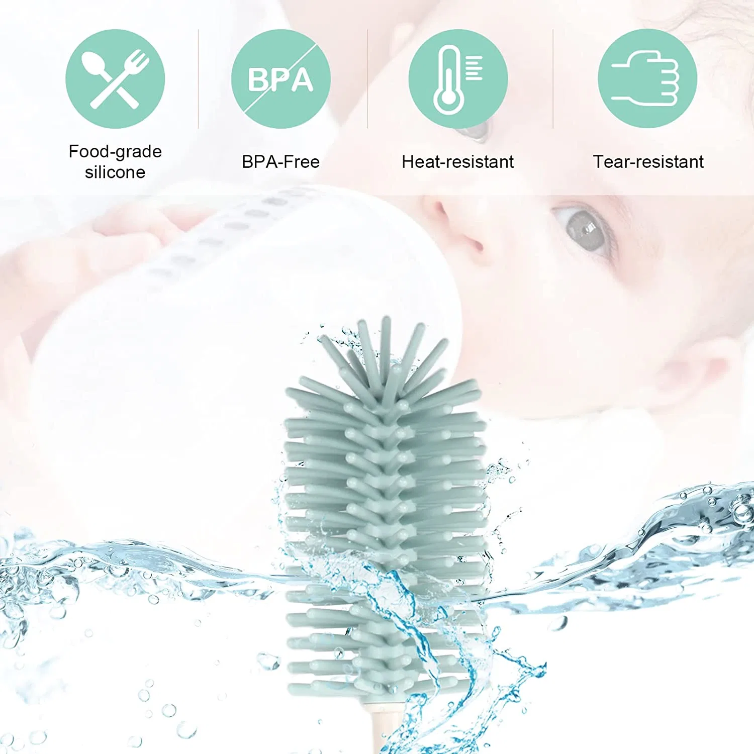 Washing Tool BPA Free Soft Non-Toxic Silicone Baby Bottle Cleaning Brush with Long Handle