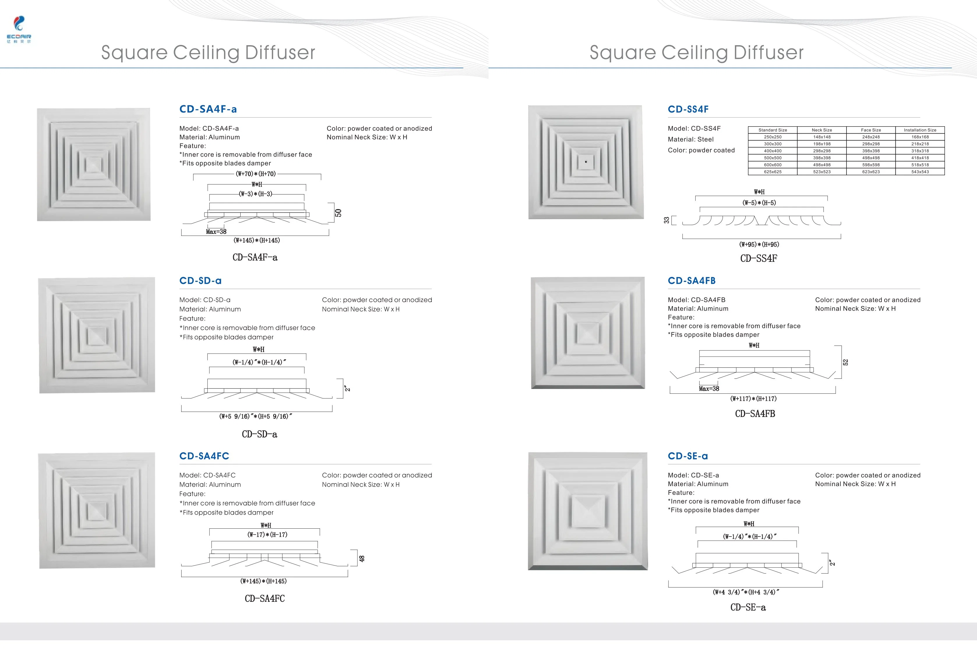 Aluminum Square Ceiling Diffuser/Damper/Air Vent