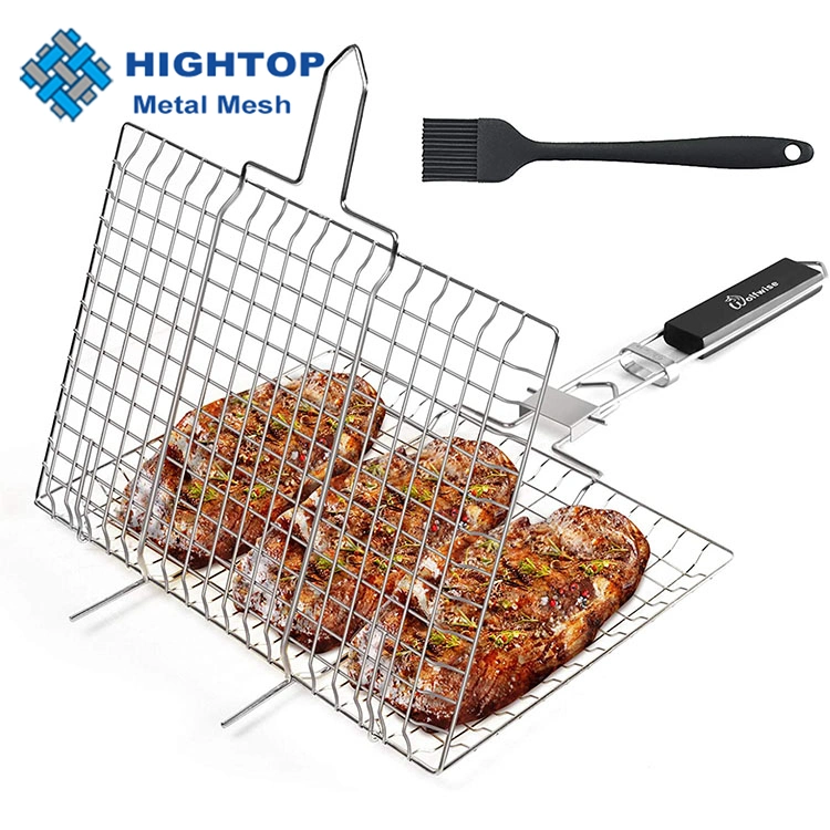 Factory Directly Stainless Steel BBQ Basket Flexible Fish Meat Vegetable Grill Net with Wooden Handle