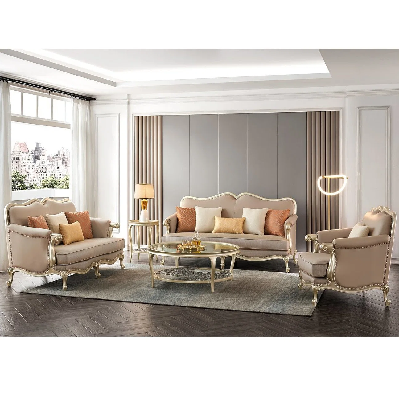 O luxo moderno conjunto de mesa em casa de madeira Sectional sofá duplo sofá de couro Sala Escura