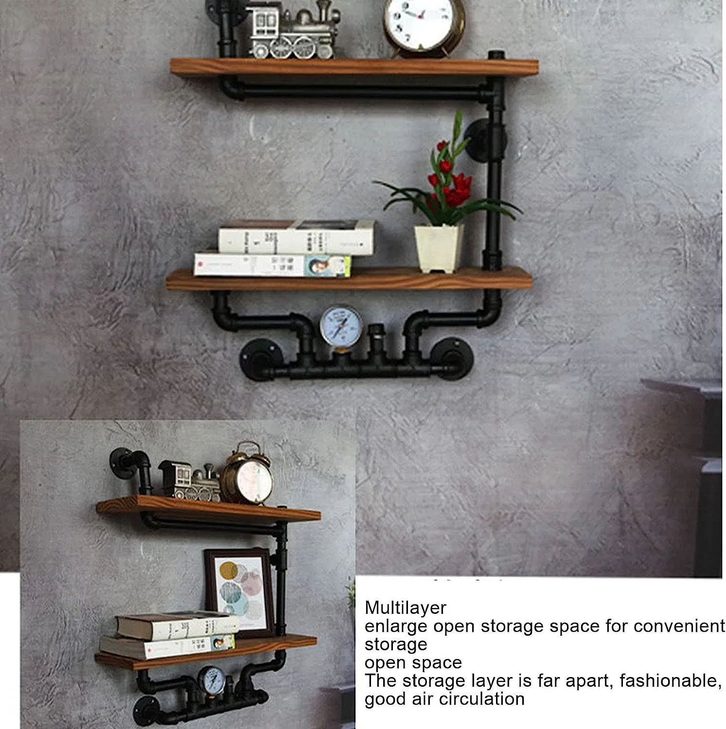 Industrial Iron Pipe Brackets Wall Mounted Shelf Bookshelf Decor Wood Ladder Storage Shelf