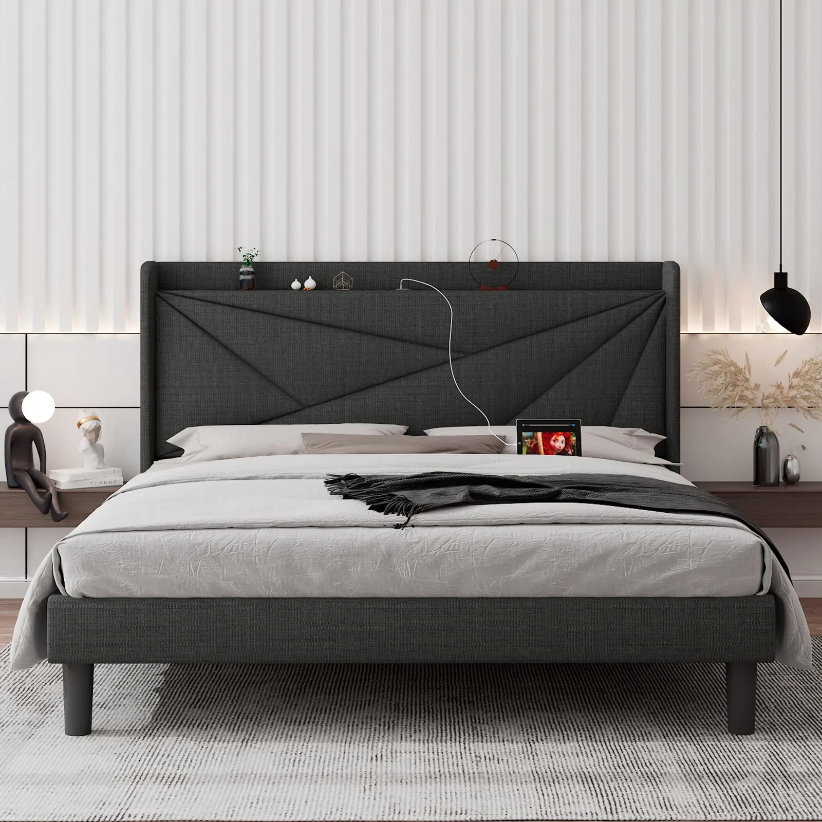 King Size Upholstered Platform Bed Frame with Type C & USB Ports and Storage Headboard