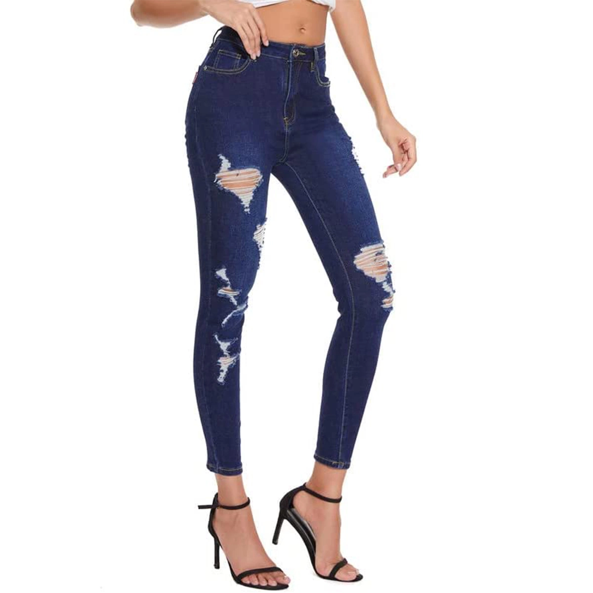 Custom Regualr Fit Frayed Destoryed Design Brand Denim Trendy Women Jeans