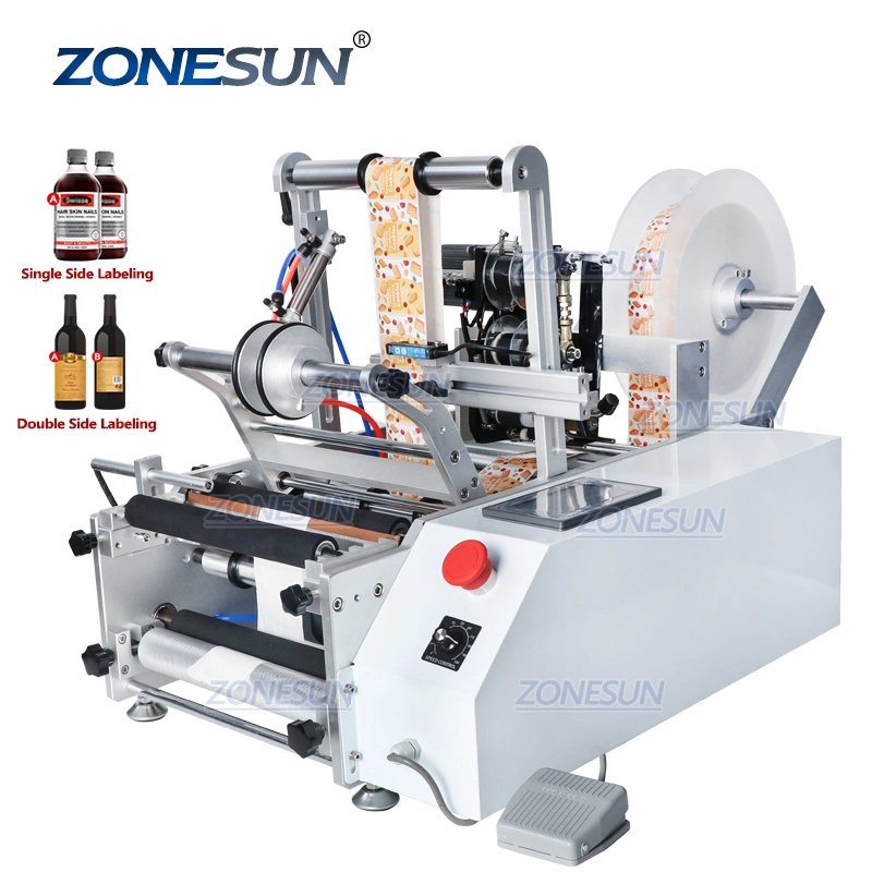 Zonesun Tb-190 Wine Double Side Sticker Round Bottle Water Semi Automatic Digital Bottle Labeling Printing Machine