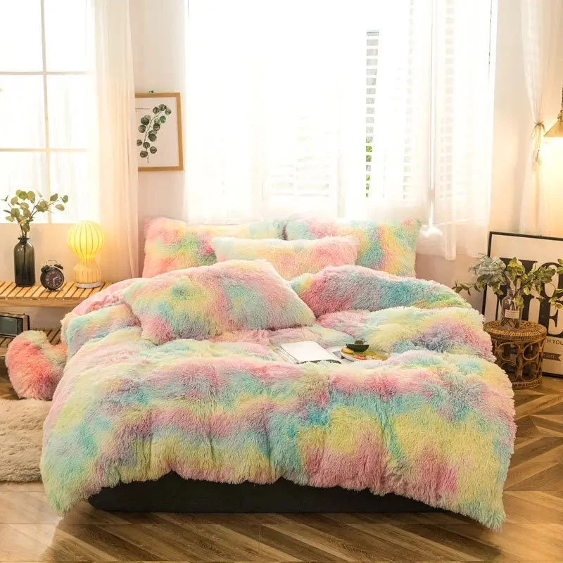 2023 High Quality Rainbow Plush 4 PCS Luxury Ultra-Soft Bed Sheet Comforter Fluffy Blue Bedding Decorative Textiles