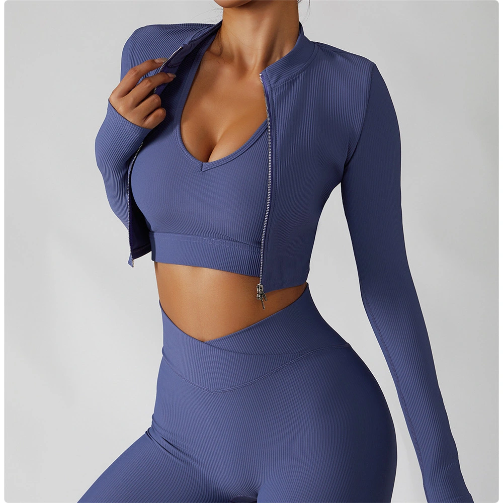 Veste de sport pour femmes, chemises de yoga, haut de gym, fermeture éclair, coupe ajustée, vêtements de course, deux pièces pour entraînement physique.