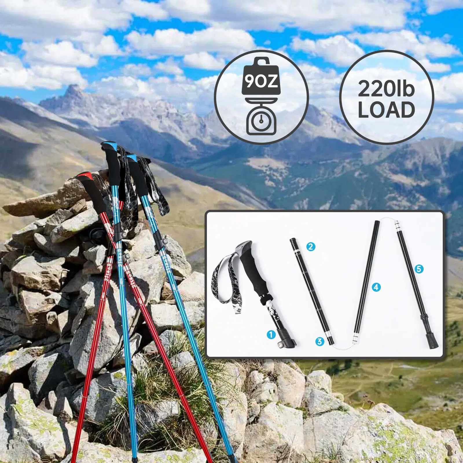 Les verrous rapide réglable extensible Bâtons de marche pliable en aluminium Bâtons de randonnée Pôles trekking