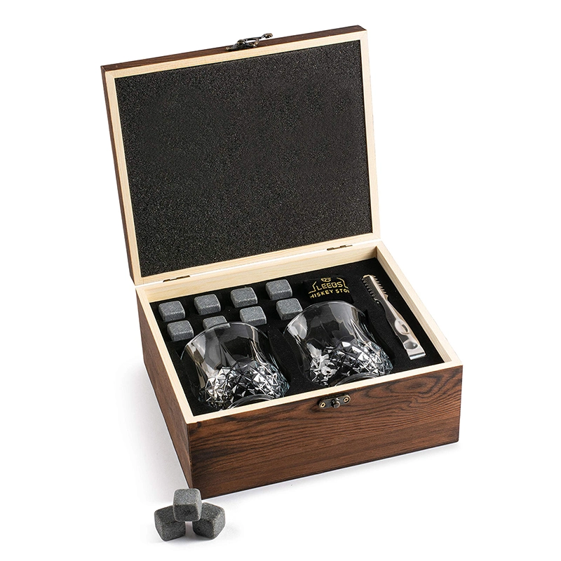 Premium Whisky Gift Set Wine Box with 2 Large Whiskey Cups / 8 Whiskey Stones / Pliers / Velvet