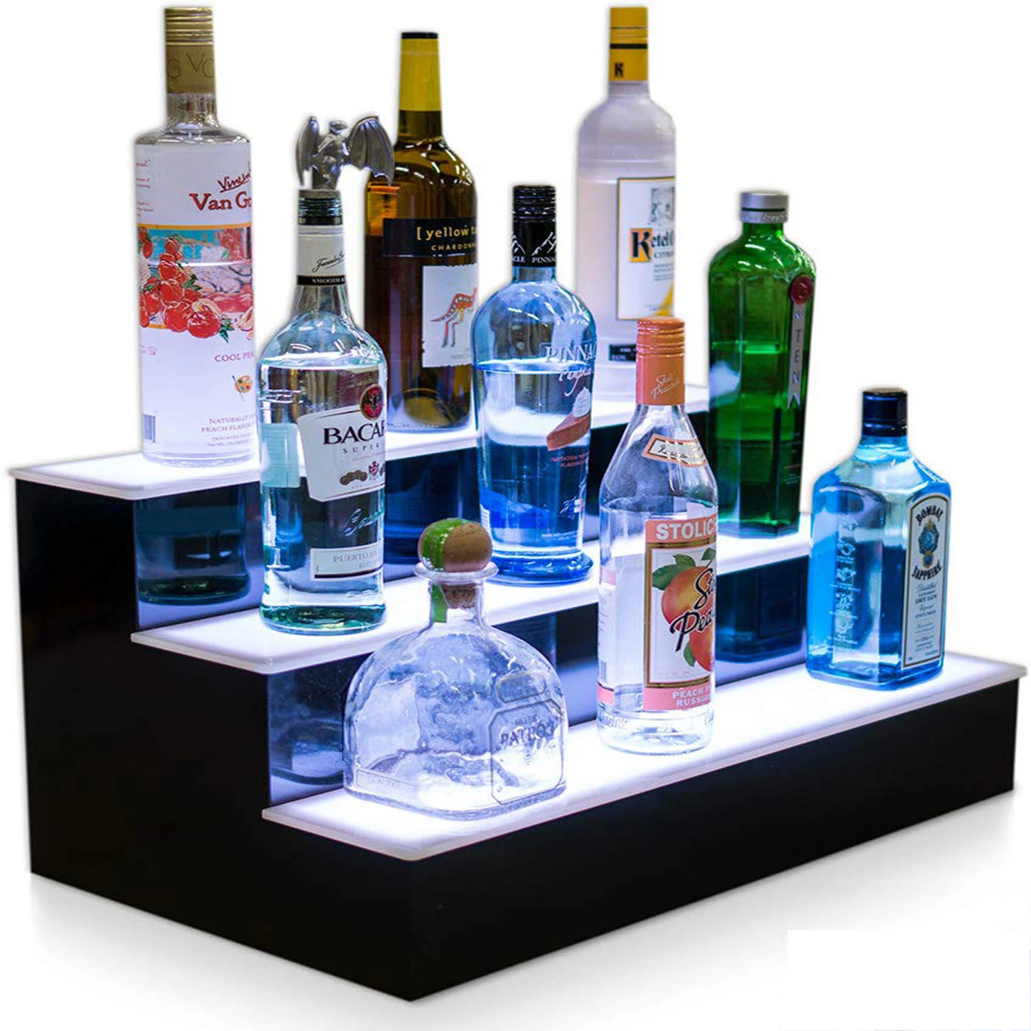 LED beleuchtet 3 Tier Schritt Liquor Display Rack Acryl Remote LED Leuchtende Display Regal Bar KTV Flasche Display Regal Rack-LED-Booth-Tisch