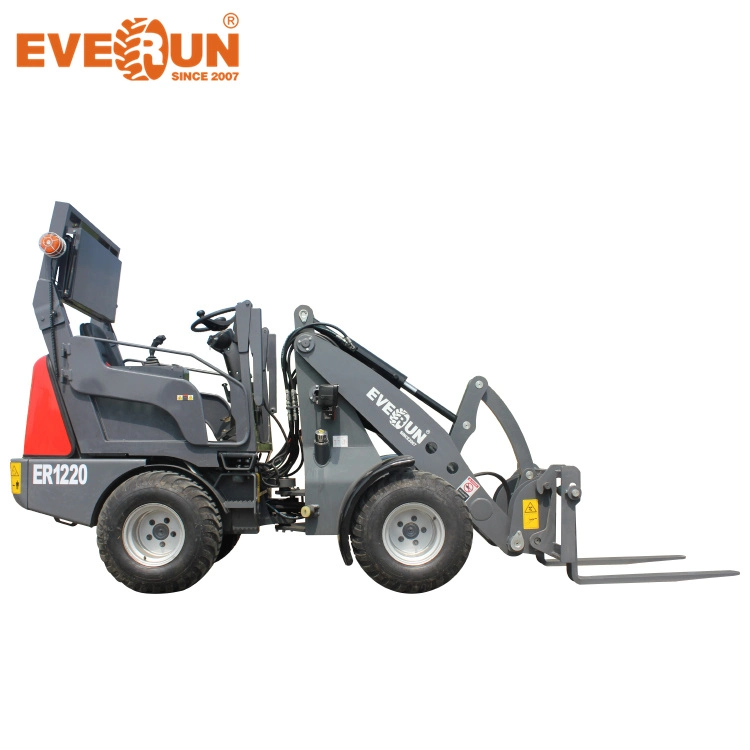 EVERUN ER1220 with cabin 1100kg CE Certified Farm construction Machinery articulated terrain Bucket Shovel Chinese hydraulic small Mini wheel  loader  for sale