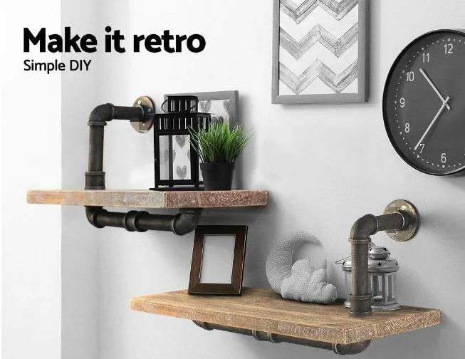 Industrial Pipe Shelf 2 Layer Pipe Design Rustic Wood Ladder Bookshelf DIY Wall Shelving